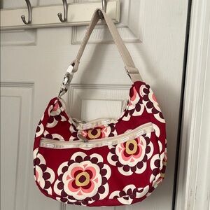 Lesportsac Red Floral Shoulder Bag with Cream Strap and Pink Accents